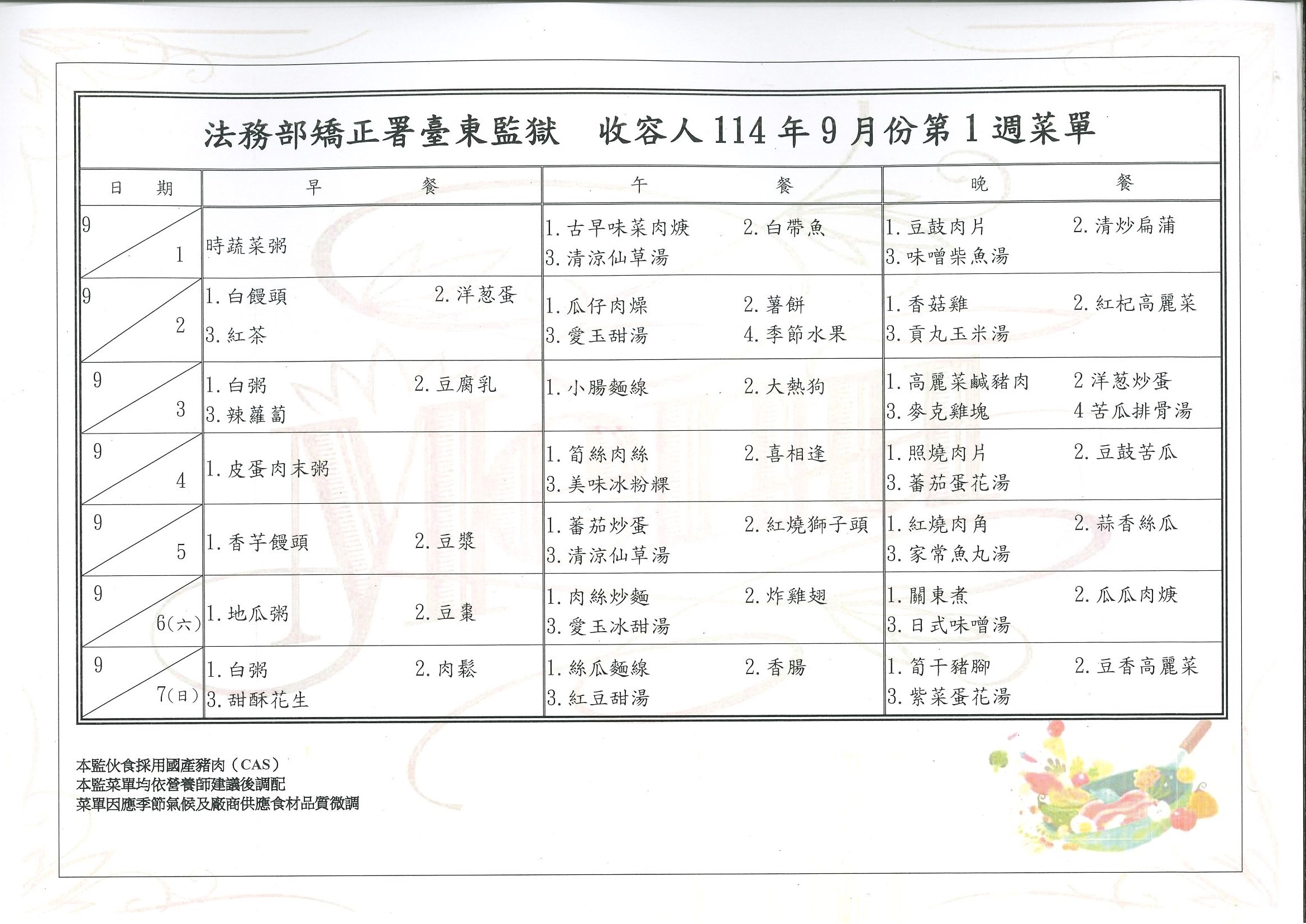 東監114年9月第1週菜單（0901-0907）