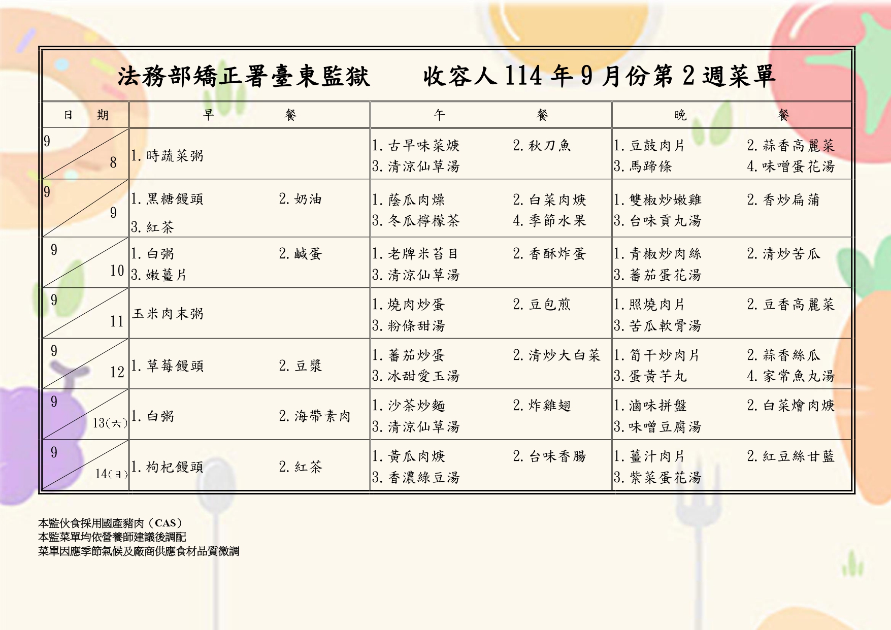 東監114年9月第2週菜單 （0908-0914）