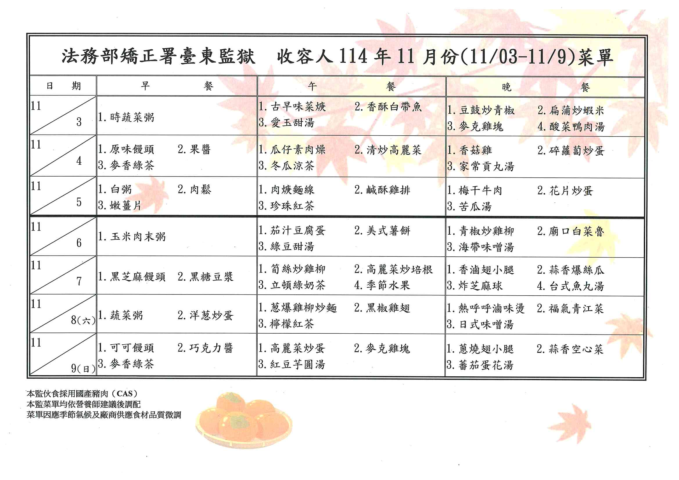 法務部矯正署臺東監獄  收容人114年11月份(1103-119)菜單